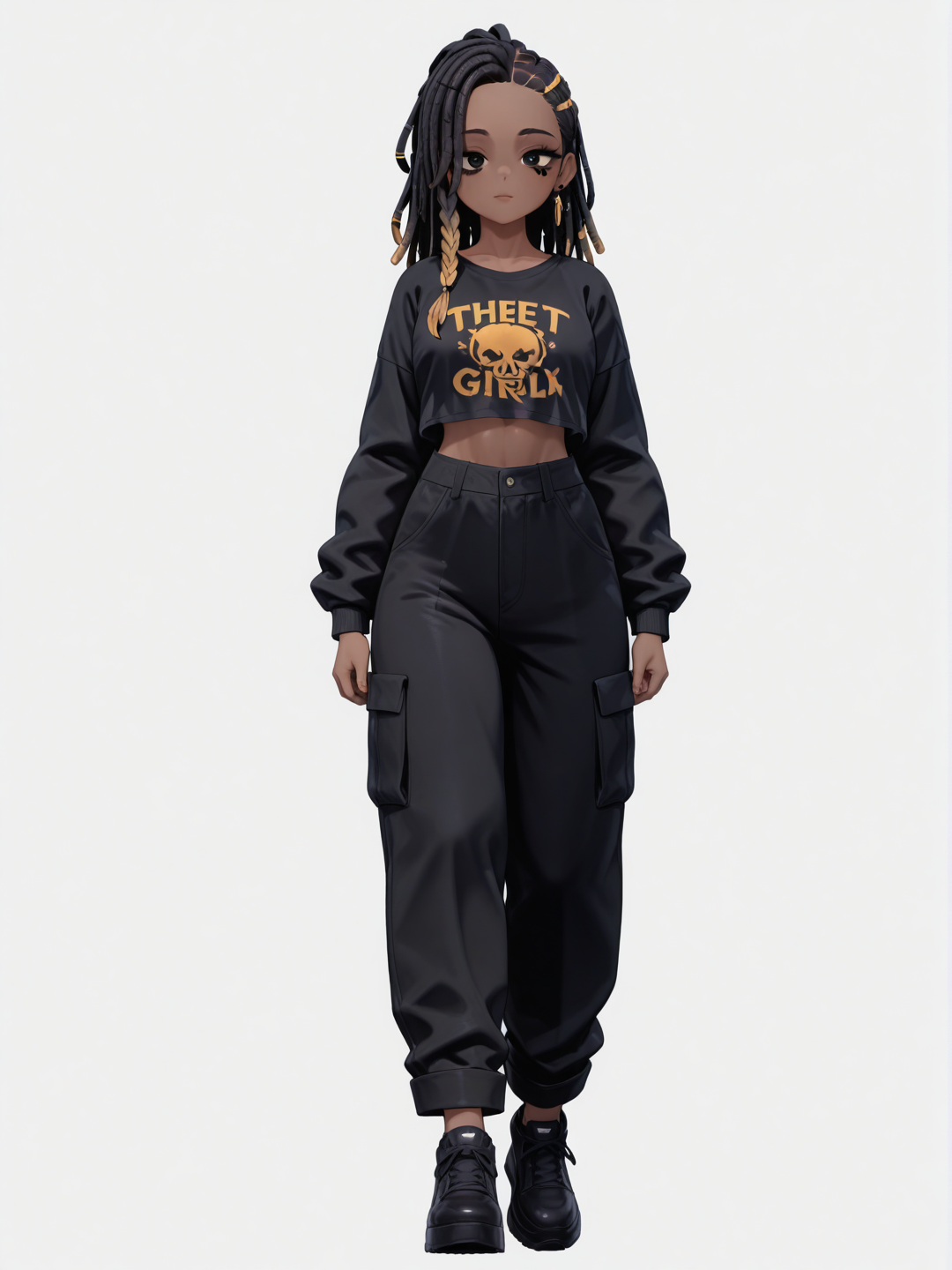 [3d-anime-style] 1girl, brown_skin, black_eyes, long_hair, braided_dreadlocks, gold_tips, stylish_clothes, ghetto_girl_style, jelly_art_style, single character, full body, looking at viewer, simple background, white background