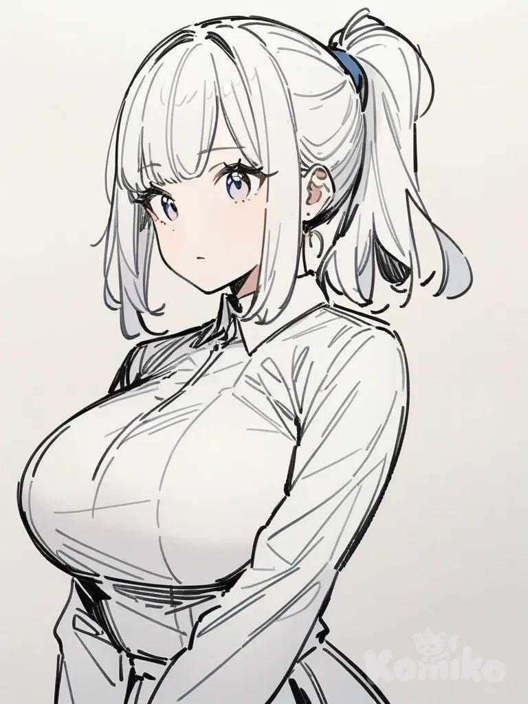 1girl, black and white sketch, pencil drawing style, line art, hatching shading, sketch, minimal background , big breasts,Blue outfit, brown ponytail