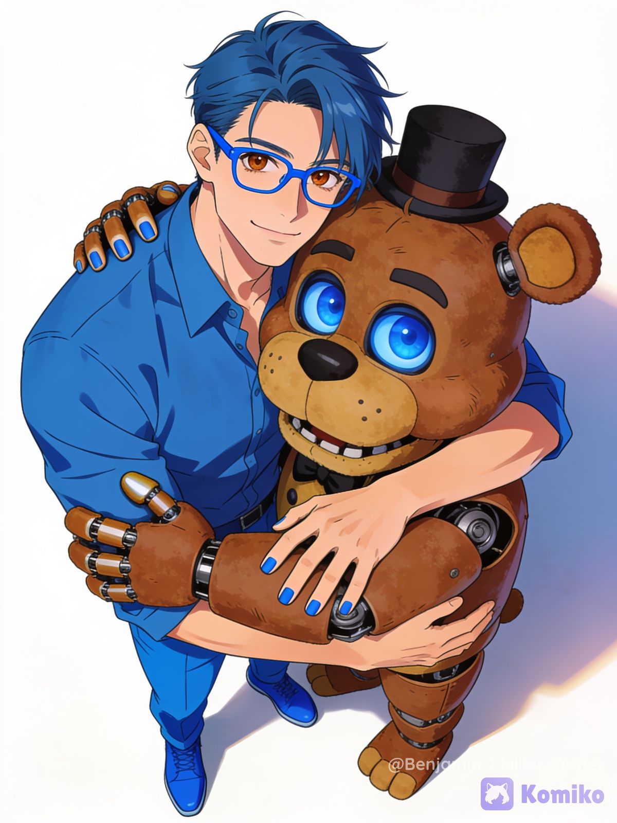 Benjamin hugging Freddy Fazbear