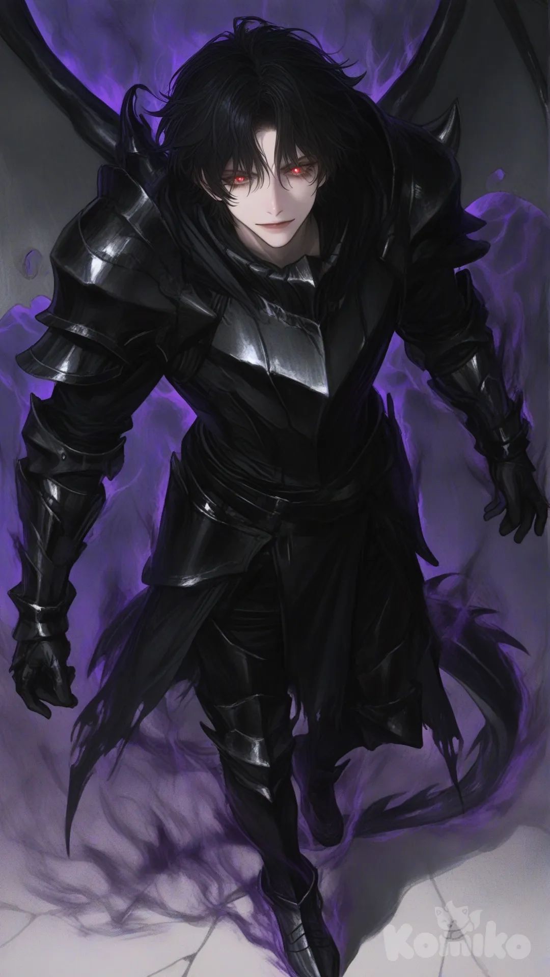 full body, dynamic pose, epic dark fantasy, cinematic lighting, dramatic shadows, high-resolution anime style, dark color palette, intricate patterns, flowing energy effects, Elliot Garfield, Abyssal Drive, dark chaotic anime form, black and violet aura, swirling aura, obsidian eyes, glowing eyes, jet-black hair, wild hair, flowing hair, shadowy tattered clothing, fused clothing, dark shard-like armor, shoulder armor, forearm armor, black tendrils, void flames, twisting flames, shattered ground, warped air, glowing sigils, shadow beasts, emerging background, confident posture, predatory posture, half-smile, high detail, male focus, black dragon wings , [semi-realistic-portrait-style]