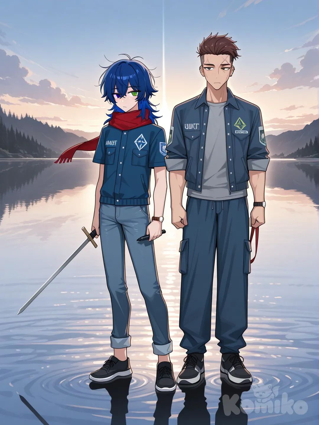 1boy, anime coloring, handsome teenager, tall athletic build, slim toned physique, tousled brown hair with undercut, piercing green eyes, charming freckles, subtle forehead scar, fitted blue button-up with rolled sleeves, scarf, mechanical watch, [toon-shaded-style], jeans, outdoor adventure jacket, navy blue, holding sword, full body, lake, cinematic lighting, @ethan-Oh6N, 2people, back to back
