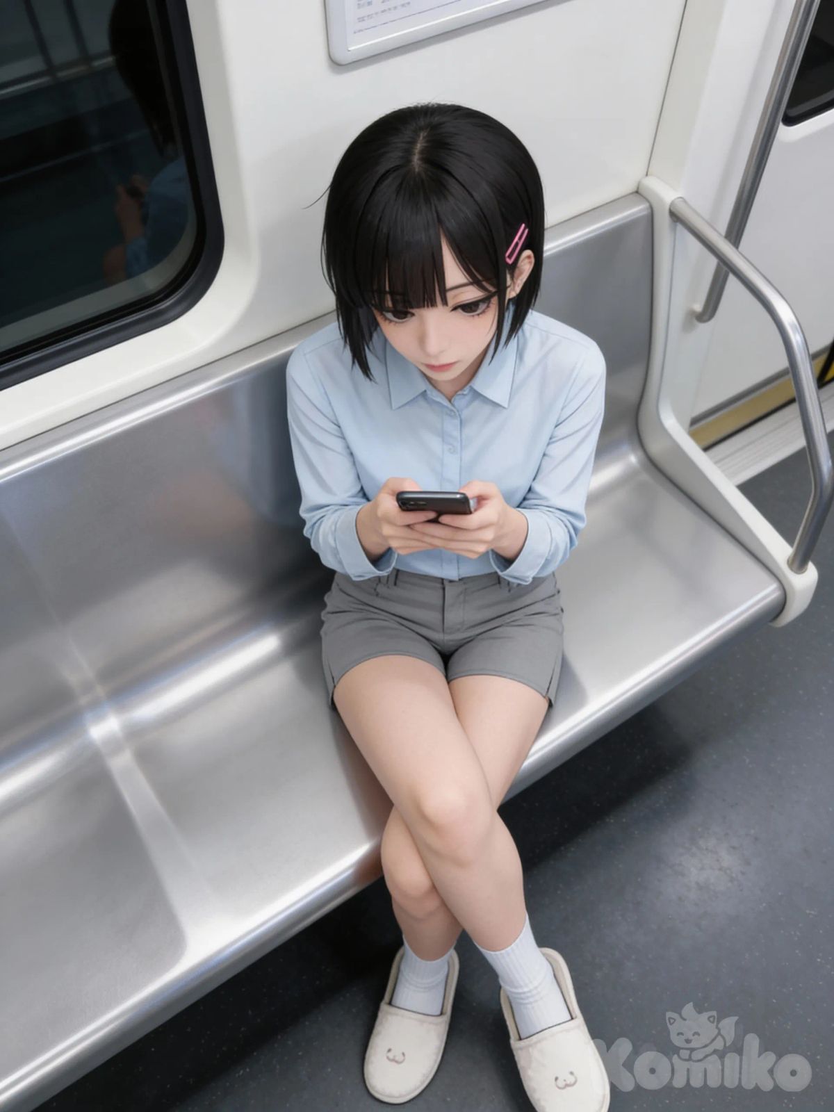@minju-vg2S, realistic, photorealistic, light makeup, subway, crossed legs, skinny, looking at phone, upper view