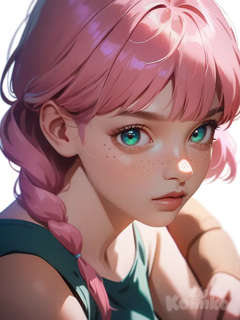 1girl, realistic, teenage friends, diverse body types, pink hair with blue streaks, emerald green eyes, natural freckles, sun-kissed skin, anime coloring, fashionable and unique styles, single character, full body, looking at viewer, anime style, simple background, white background