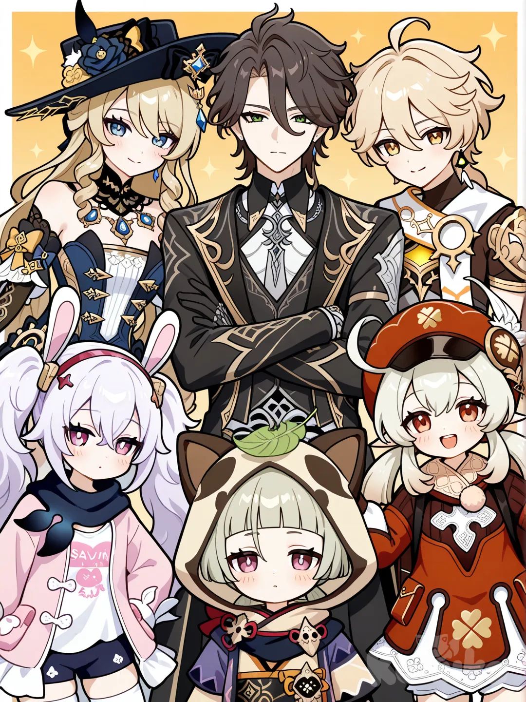 @Laffey_(Azur_Lane), @Sayu_(Genshin_Impact), @Paimon_(Genshin_Impact), @Navia_(Genshin_Impact), @Klee_(Genshin_Impact), @Dr._Ratio_(Honkai:Star_Rail), @Aether_(Genshin_Impact), @Albedo_(Genshin_Impact)