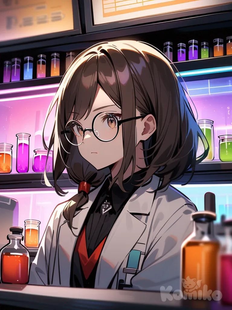 Laboratorio moderno y oscuro, iluminado por luces de neón y la pantalla de una computadora. Chica científica (Elena) de 26 años, cabello castaño, gafas redondas, bata blanca, concentrada mezclando líquidos fluorescentes en tubos de ensayo. Fondo lleno de frascos, instrumentos de química y estanterías. Primer plano medio, expresión pensativa y seria, mirada analítica, luces y sombras dramáticas que reflejan tensión psicológica. Estilo webtoon realista, colores contrastantes, detalle en reflejos y texturas del laboratorio. Ángulo ligeramente desde arriba para mostrar concentración y entorno.