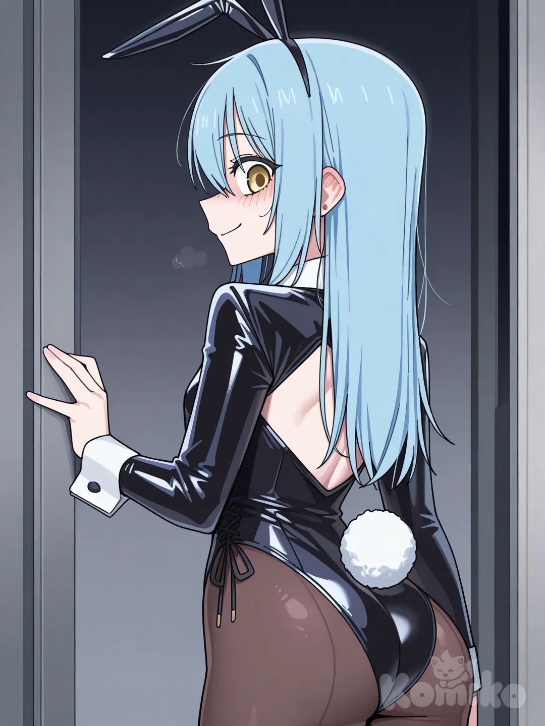 Rimuru Tempest [toon-shaded-style], looking back, smile, blush , yandere, sexy bunny suit, blue long hair, Golden eyes
