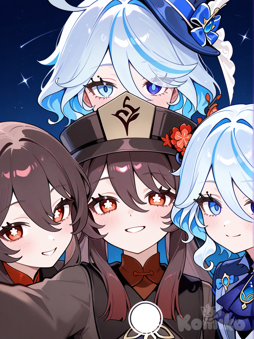 furina and hu-tao hanging with their clones