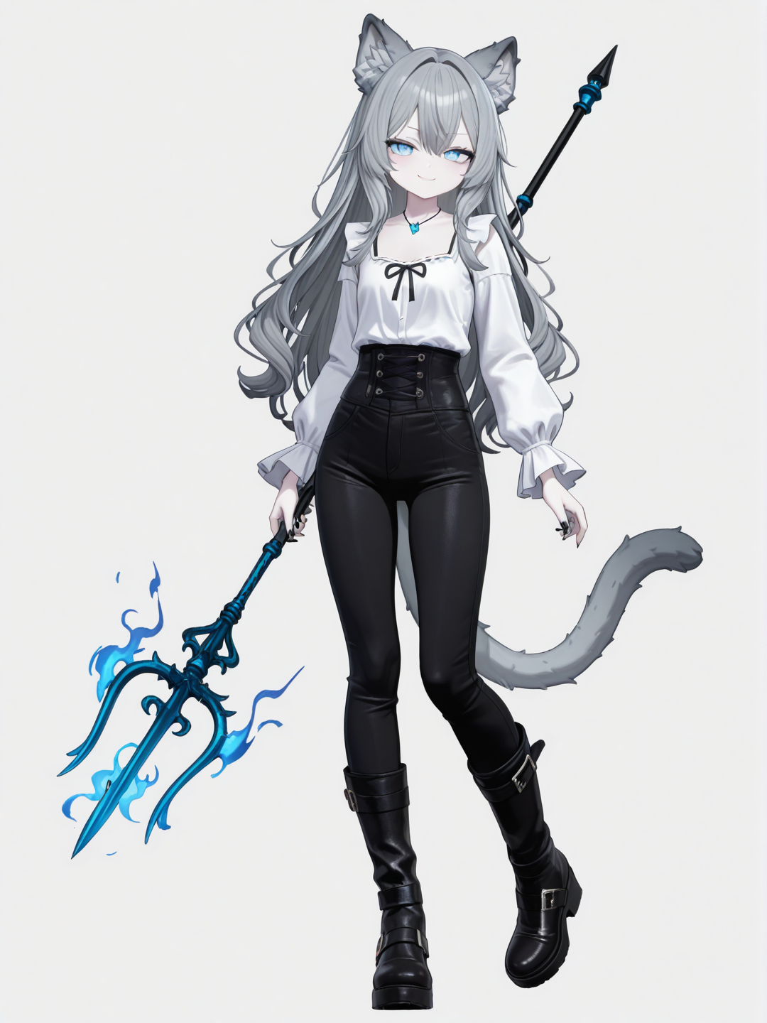 [3d-anime-style] teenager, tall, slim, sharp claws, black_nail_polish, long_hair, hair_spike, dark_grey_hair, bright_blue_eyes, pale_skin, glowing_blue_pendant, white_blouse, black_pants, knee_high_boots, grey_cat_ears, blue_flaming_inner_cat_ears, grey_cat_tail, holding_trident, mischievous_smile, fierce_bearing, single_character, full_body, looking_at_viewer, anime_style, simple_background, white_background