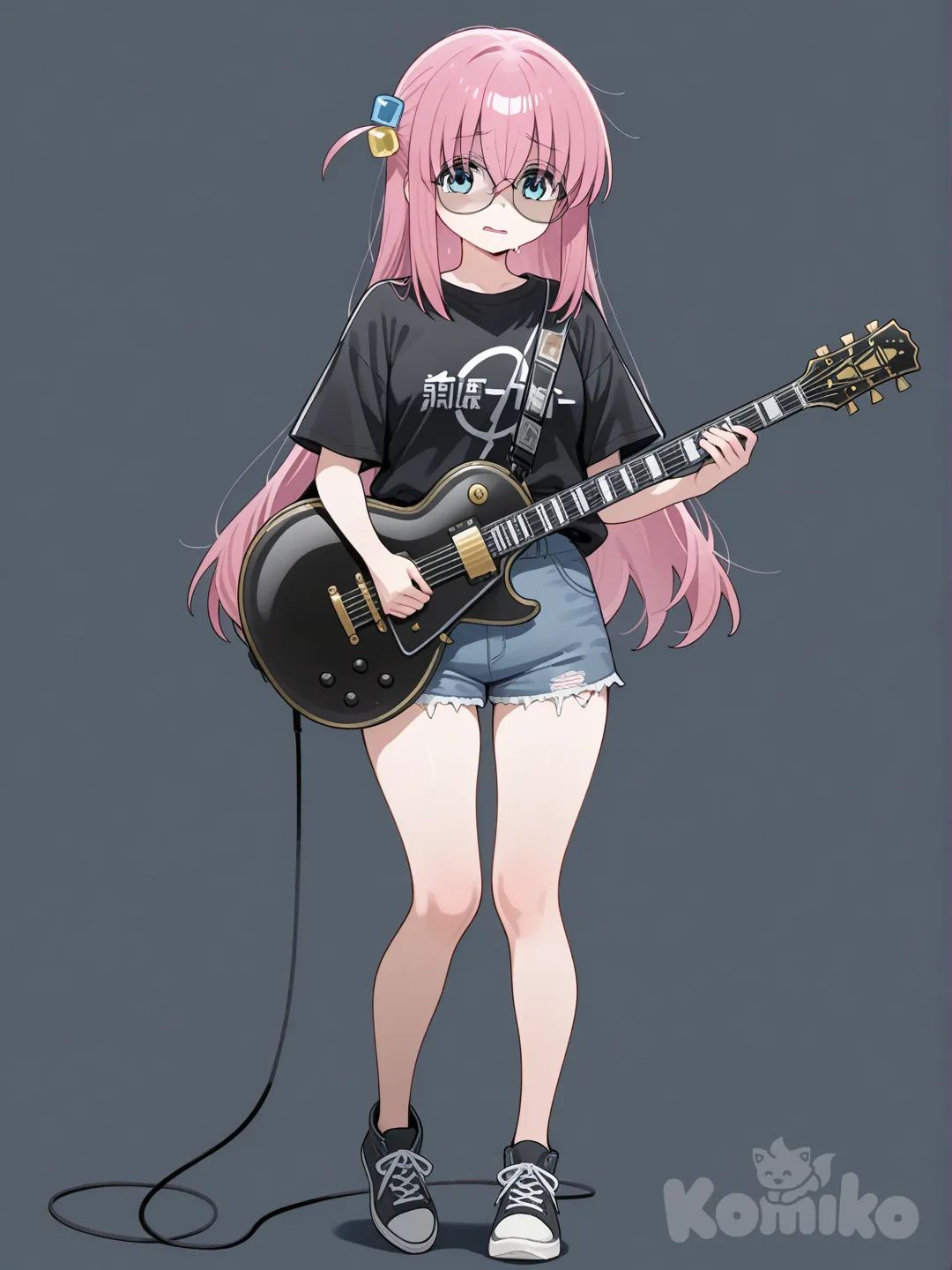 @Gotoh_Hitori con su guitarra tiene short corto una blusa negra lentes cuerpo completo