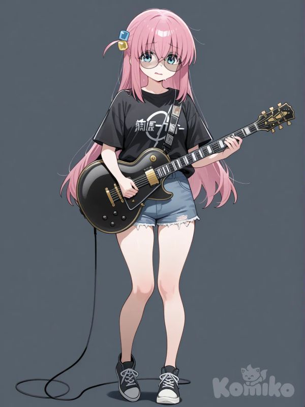@Gotoh_Hitori con su guitarra tiene short corto una blusa negra lentes cuerpo completo