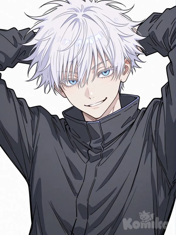 @Gojou_Satoru, sketch, pale color, flat color, soft shadow, gothic, colored pencil (medium), arms behind head, smirk