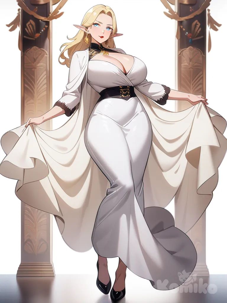 1girl, elf, mature, curvy, blue eyes, blonde hair, large breasts, tall, golden earrings, red lips, single character, full body, looking at viewer, anime style, simple background, white background