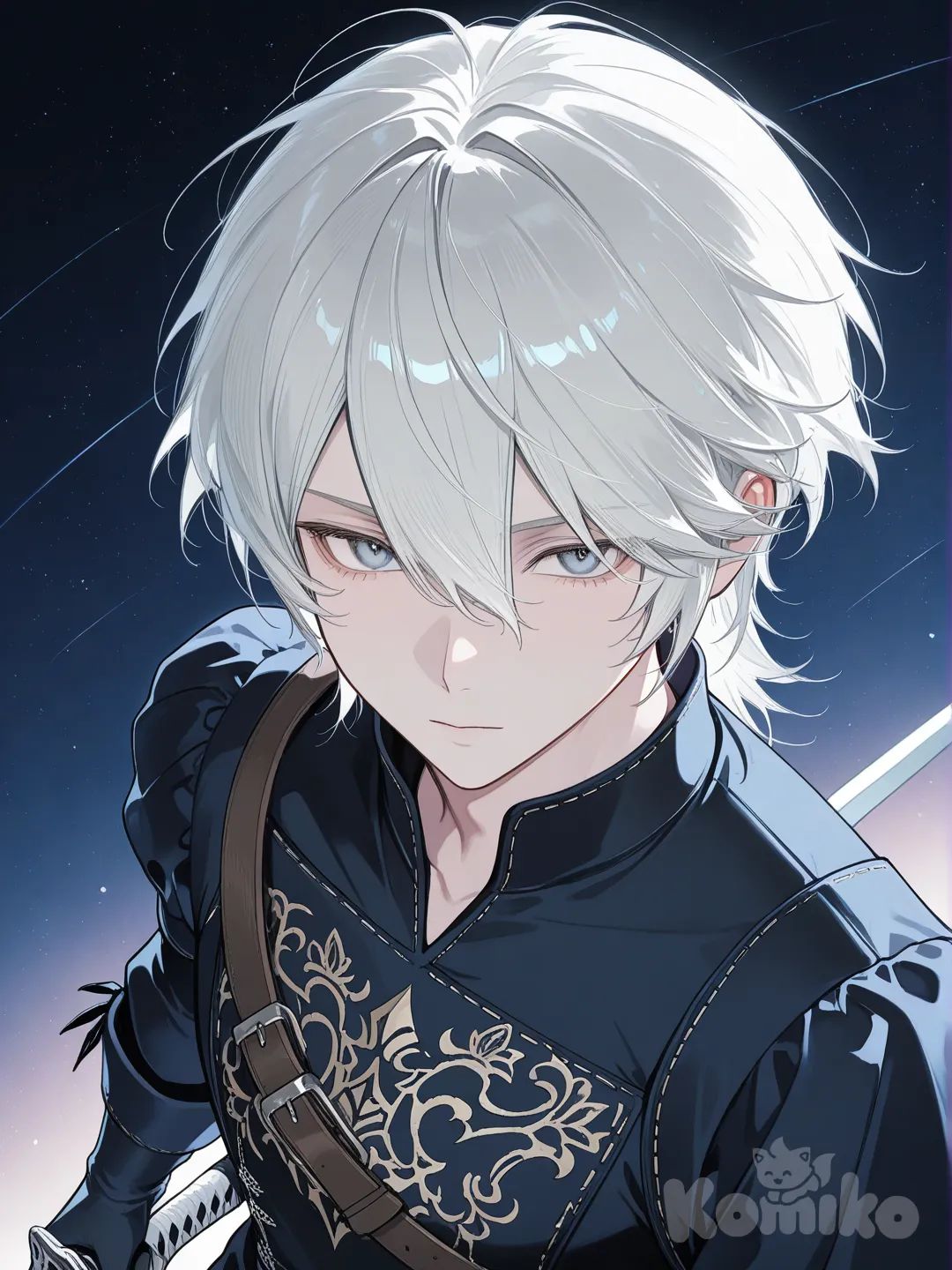 1boy, @Nier_(Young), closeup, upper body, front profile photo, from above, gradient background, starry sky, ambient light, holding sword