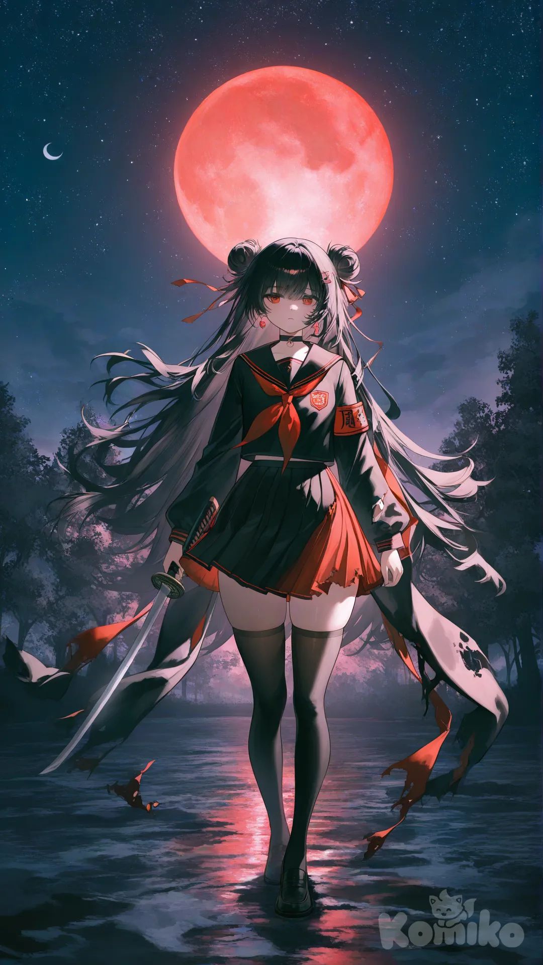 1girl, [moody-glow-style], standing, holding a katana, expressionless, depressed, torn black and red Japanese uniform, earrings, choker, black thigh high socks, double buns, black hair, full body, looking away, front profile photo, night, twilight, forest, classroom, starry sky, red crescent moon, thick thighs