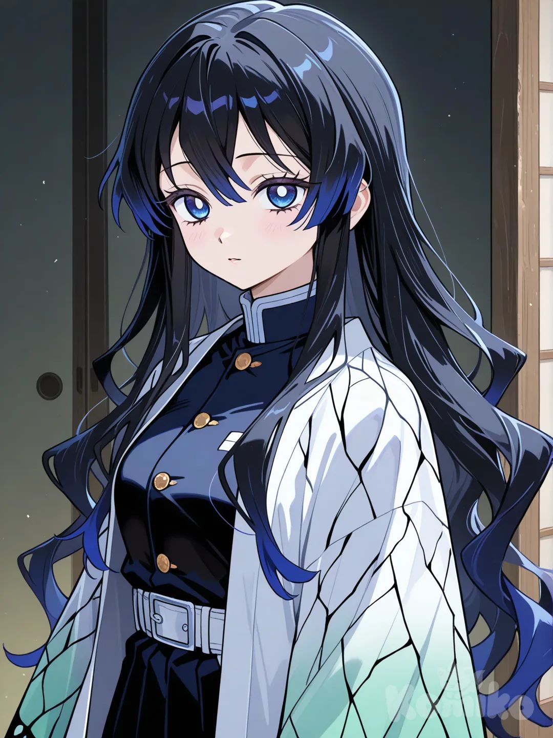 Com o estilo de animação de demon Slayer, faça uma garota, com o haori branco, doa cabelos pretos, levemente ondulados, dos olhos azuis