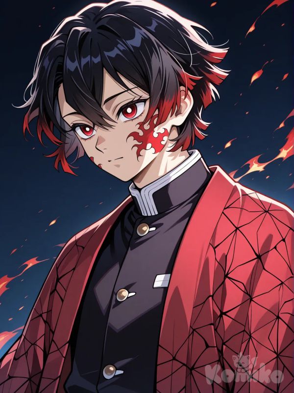 Com a animação de demon Slayer, faça um homem, com o haori preto, com detalhes vermelhos, olhos vermelhos, cabelos levemente ondulados, com um corte high fide