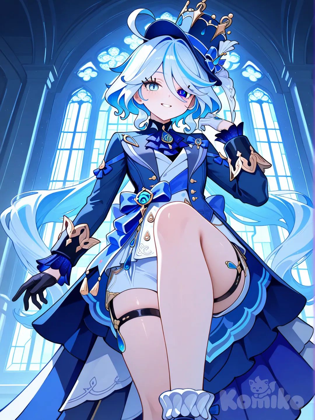 @Furina_(Genshin_Impact),queen dress,blue navy eyes,angle