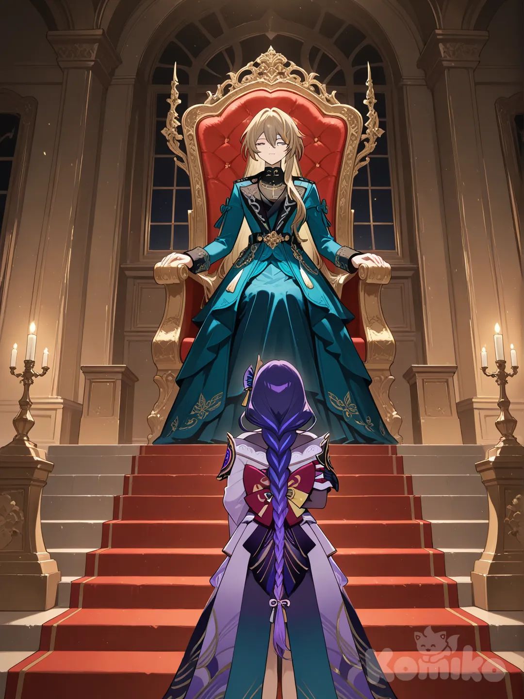 2girls, Luocha (Honkai:Star Rail), Raiden Shogun,queen,brown ahir,brown hair,royal chair,thrown,crown,navy blue dress,blue dress,guards bowing down