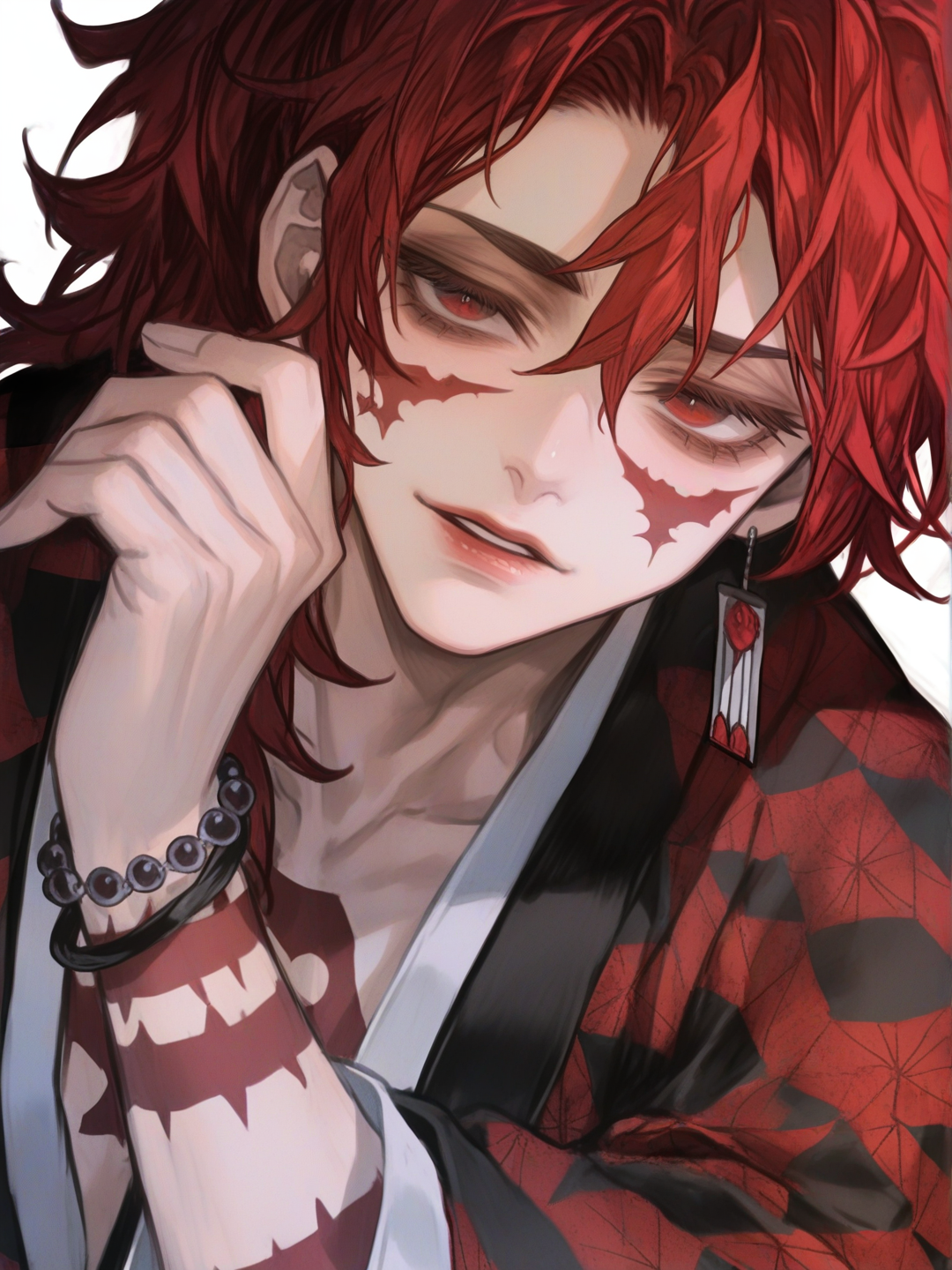 [semi-realistic-portrait-style] 1boy, solo, demon slayer style, mature male, tall, athletic build, long wavy hair, black and red hair, gray and red eyes, tattoo, fair skin, red and black kimono with diamond patterns, hair accessory, earrings, bracelet, single character, full body, looking at viewer, simple background, white background