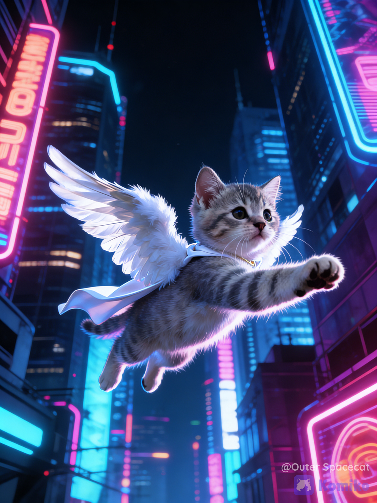Supermeow flying around cyberpunk city