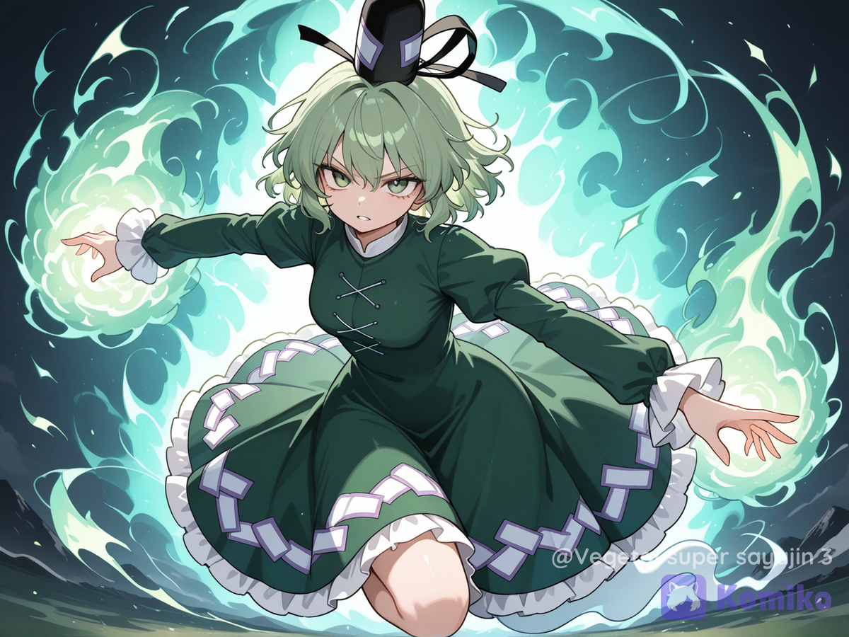 soga no tojiko, touhou, 1girl, ghost tail, green eyes, green hair, short hair, green dress, tate eboshi Ela tá com uma aura muito muito poderosa e muito oponente