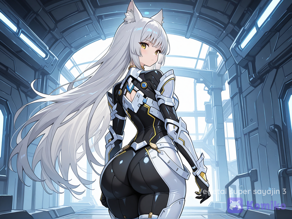 m \(xenoblade\), xenoblade chronicles \(series\), 1girl, cat girl, cat ears, animal ear fluff, yellow eyes, grey hair, long hair, very long hair, white hair, huge ass, armor, two-tone bodysuit, armor, bodysuit