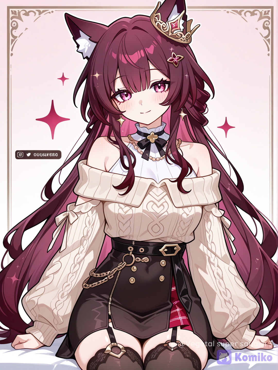 , @Sparkle_(Honkai:Star_Rail) ela usa uma roupa de, off-shoulder sweater, high-waist skirt, crown, animal ears, stockings, burgundy