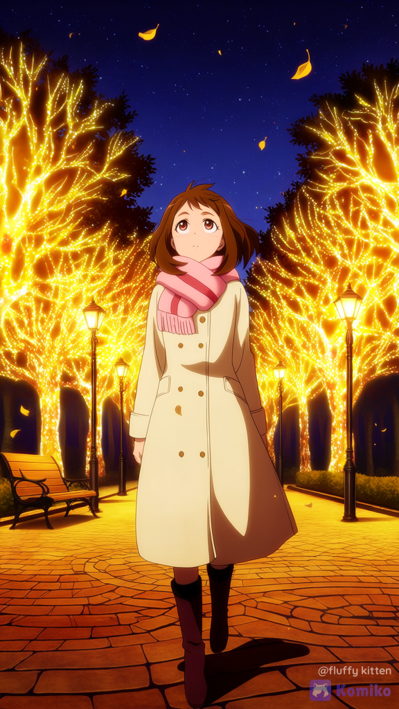 Ochako Uraraka caminhando sob um céu estrelado