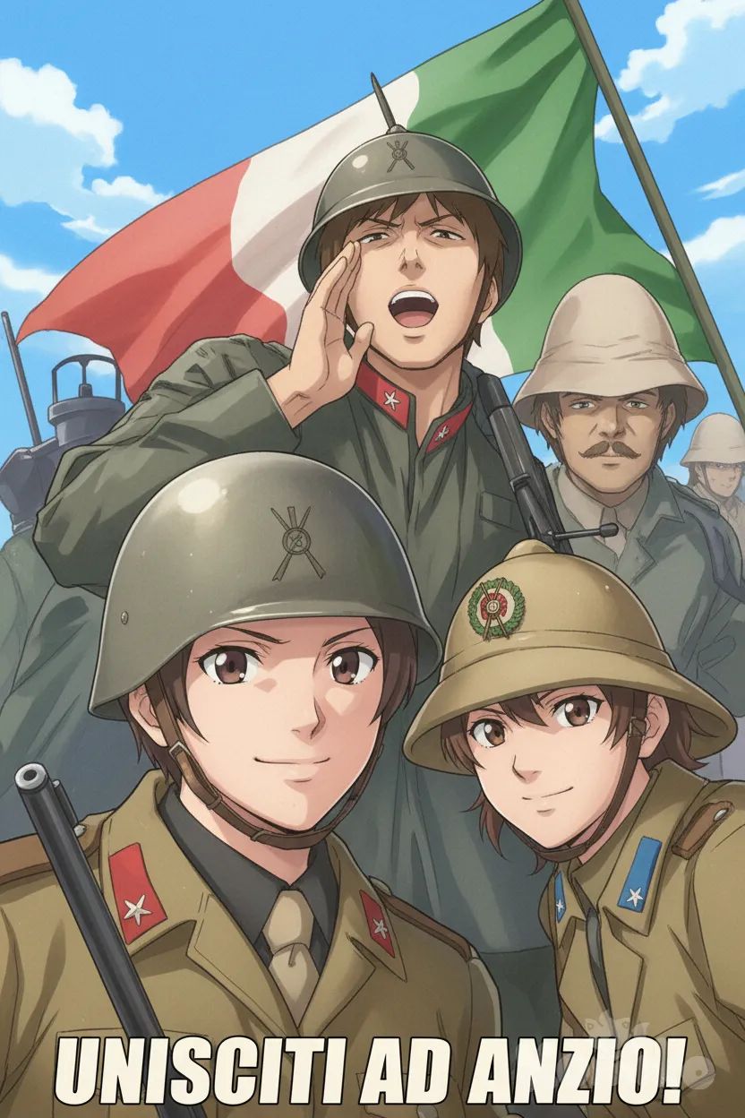 Аниме Girls und Panzer, Anzio High School, Анчови и её сослуживцы, надпись Unisciti ad Anzio !, anime style