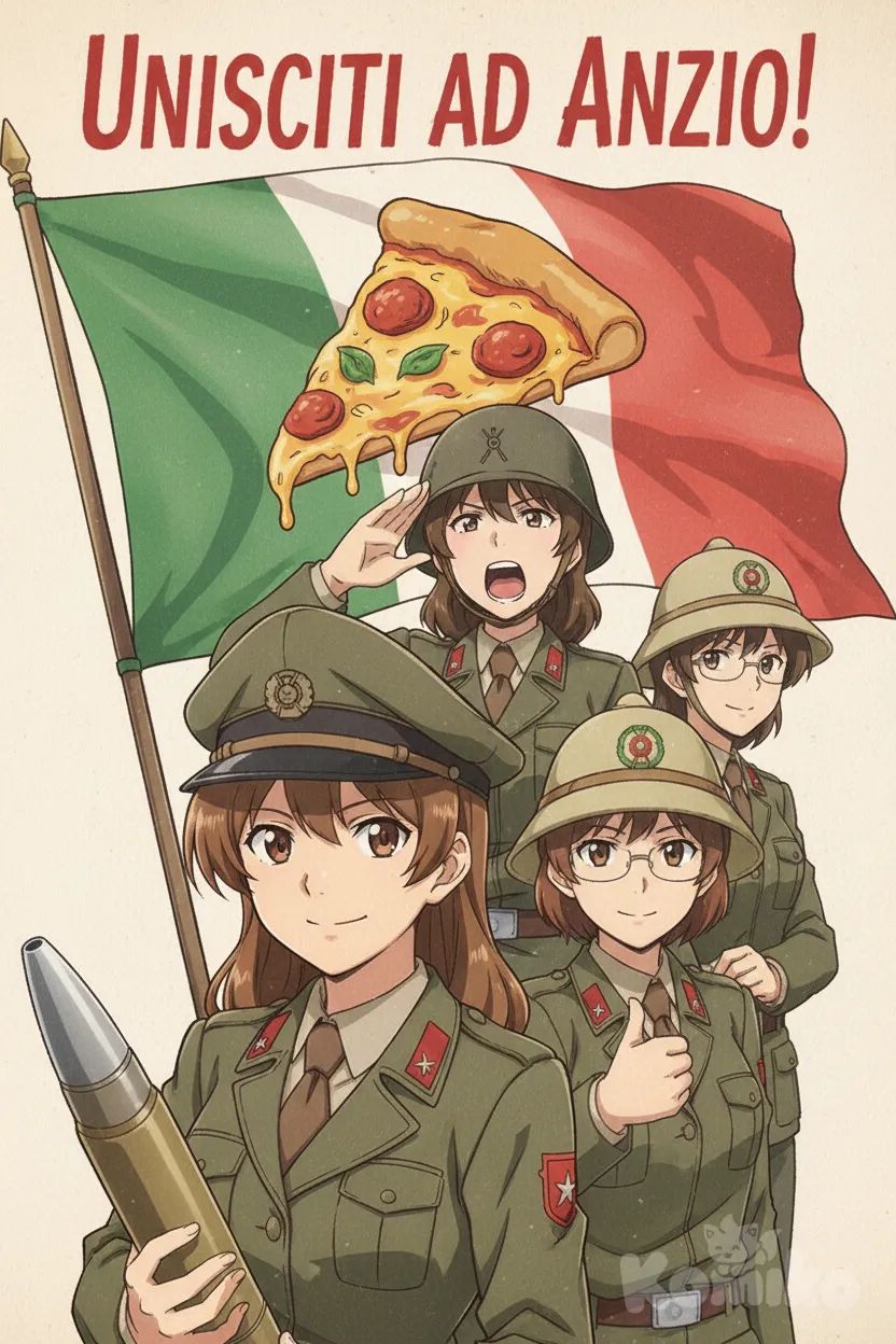 Аниме Girls und Panzer, Anzio High School, Анчови и её подруги , надпись Unisciti ad Anzio !, на флаге в центре нарисованая пицца , anime style