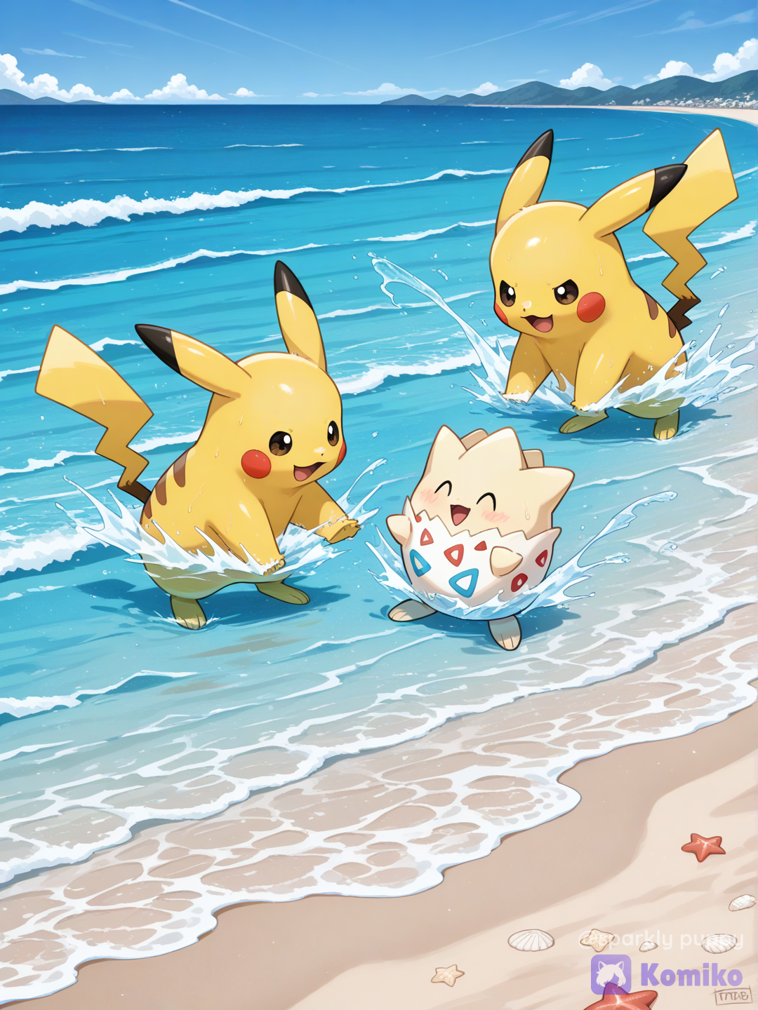 Beach day with Pikachu and togepi