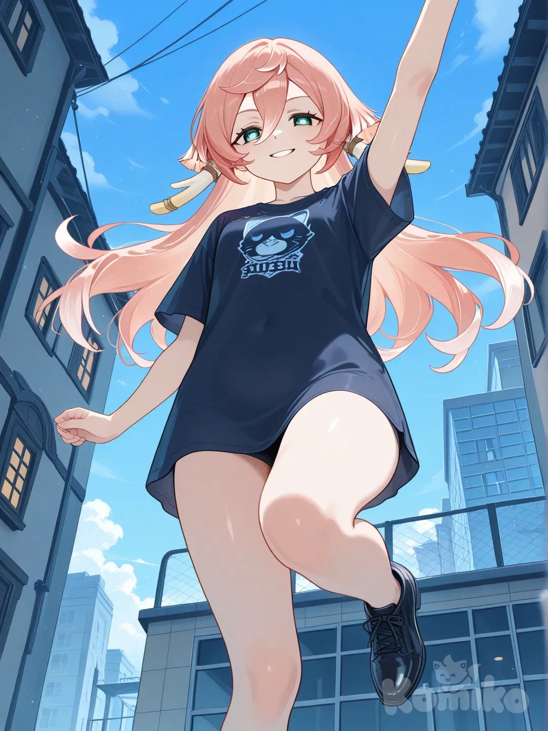 @Yanfei_(Genshin_Impact), jumping from rooftop, evil smile, t-shirt, from below, cafe