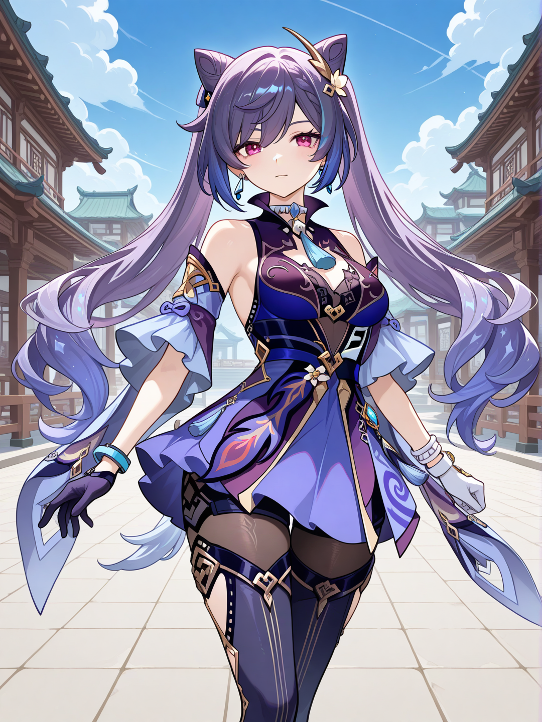 @Yelan_(Genshin_Impact) with red eyes dressed exactly like @Keqing_(Genshin_Impact)
