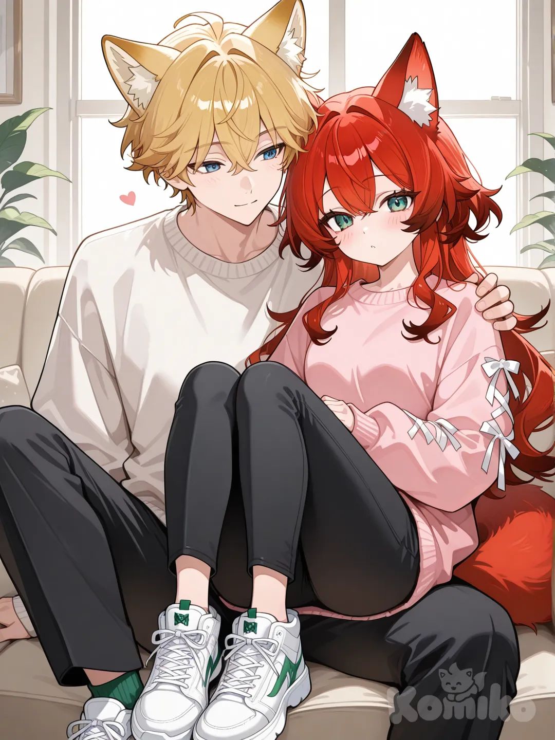 1boy, suéter blanco, pantalón negro y zapatillas blancas, pelo rojo, ojos verdes esmeralda, con unas orejas de lobo, 1girl , pelo rubio, ojos celestes, suéter rosado, pantalón negro, y unas orejas de zorro, zapatillas blancas, sitting on lap