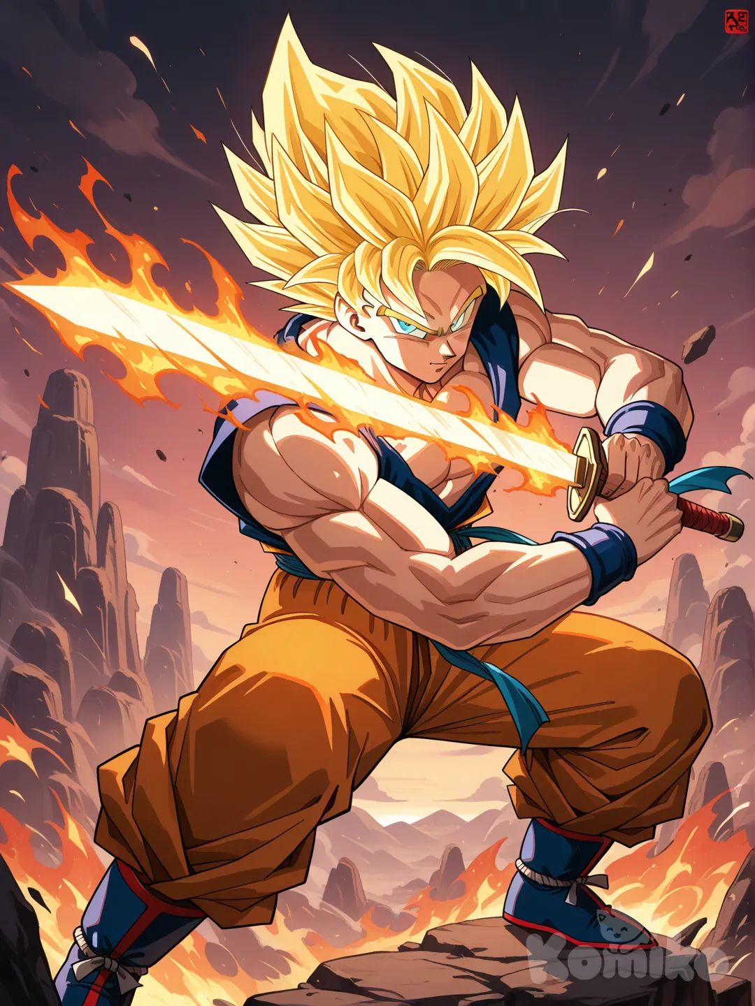 son goku, gold, dragon, flaming sword