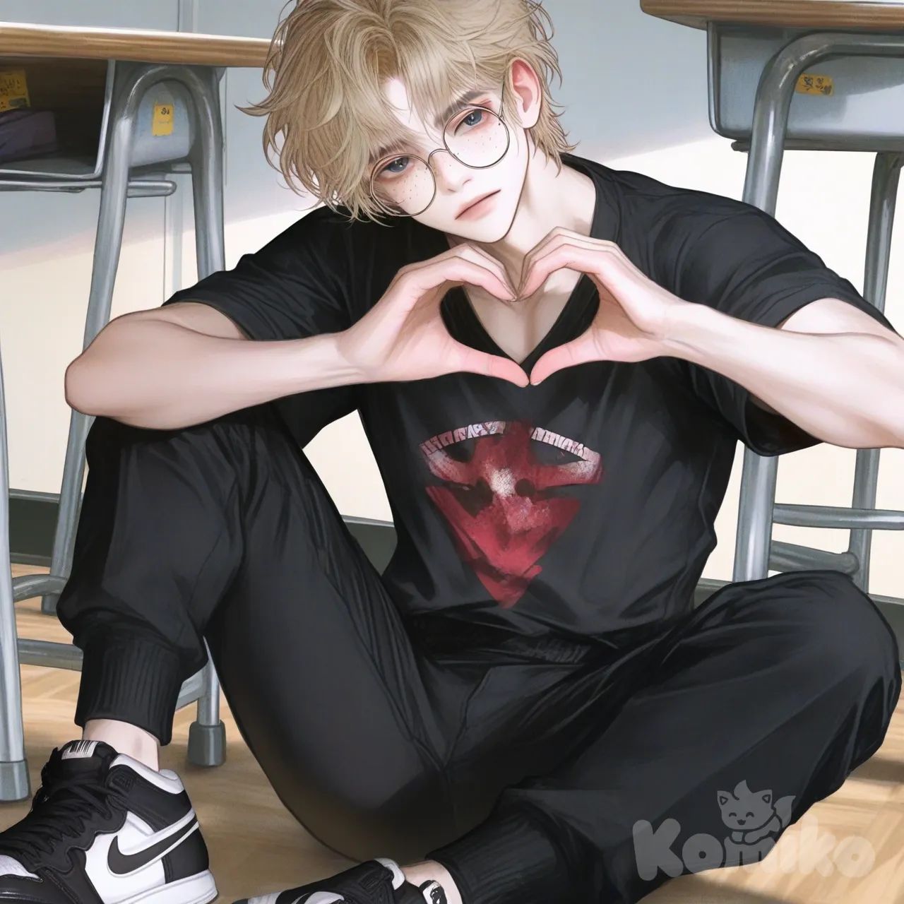 @haru-bGyF, heart hands, expressionless, classroom, [semi-realistic-portrait-style], sitting on the ground, head tilt