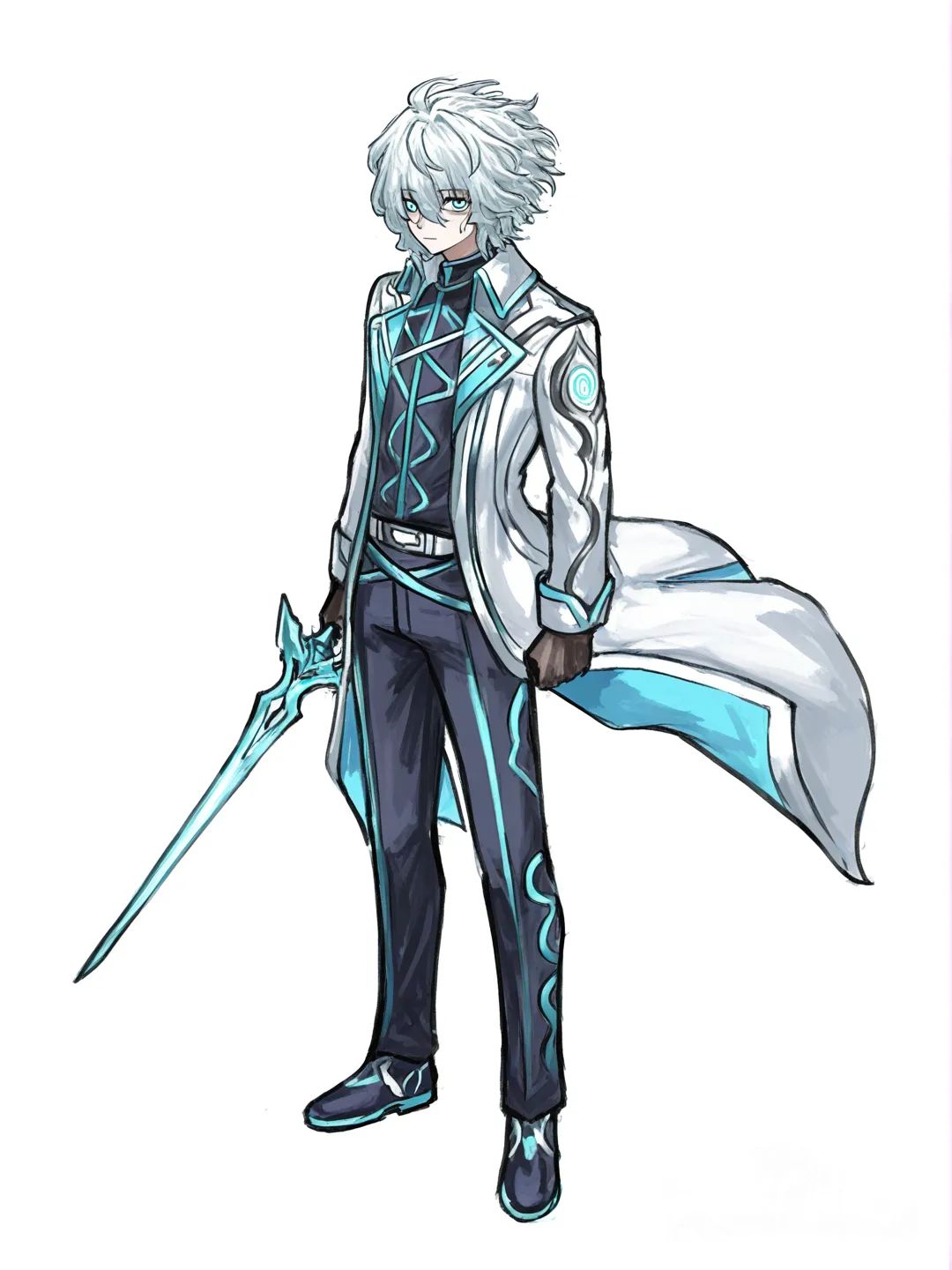[sketchy-painterly-style] 1boy, silver hair, messy hair, hair between eyes, wind, light blue eyes, glowing eyes, white coat, blue-tinted clothing, belt, spiral symbol, thin sword, turquoise sword, holding sword, single character, full body, looking at viewer, anime style, simple background, white background