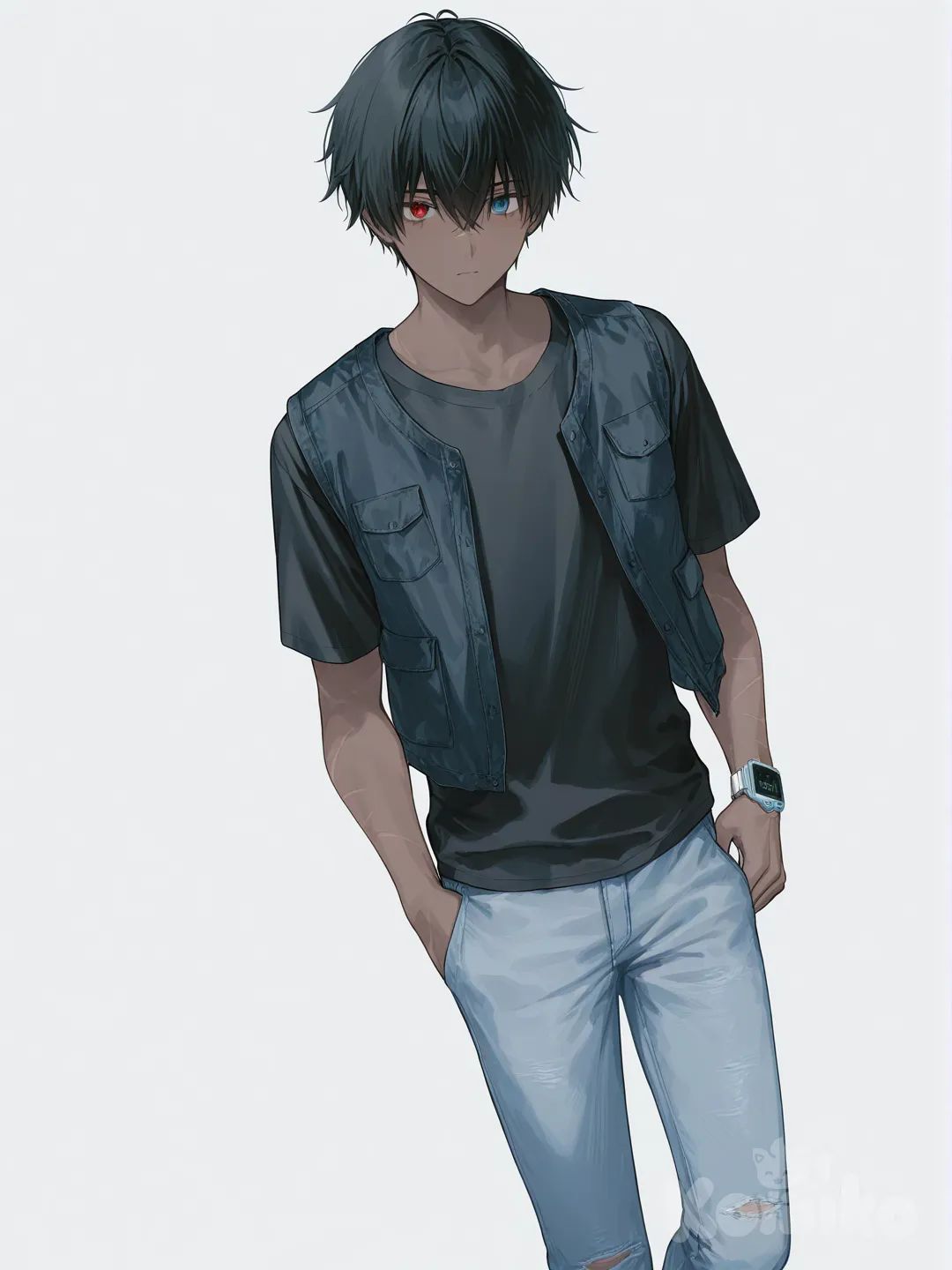[soft-pastel-style] 1boy, teenager, curvy, black_hair, blue_eyes, red_eyes, scar, dark_skin, vest, t-shirt, jeans, digital_watch, single_character, full_body, looking_at_viewer, anime_style, simple_background, white_background