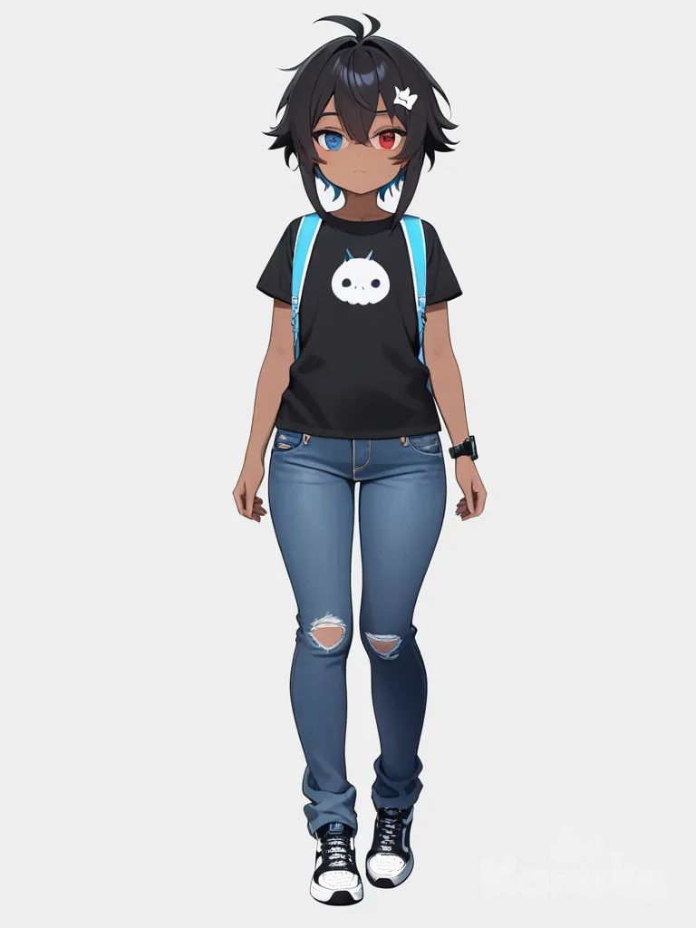 1boy, teenager, curvy, black_hair, blue_eyes, red_eyes, scar, dark_skin, vest, t-shirt, jeans, digital_watch, single_character, full_body, looking_at_viewer, anime_style, simple_background, white_background