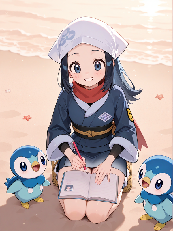 @Akari_(Pokemon), @Piplup on her knees, writing in her notebook, praia, smile