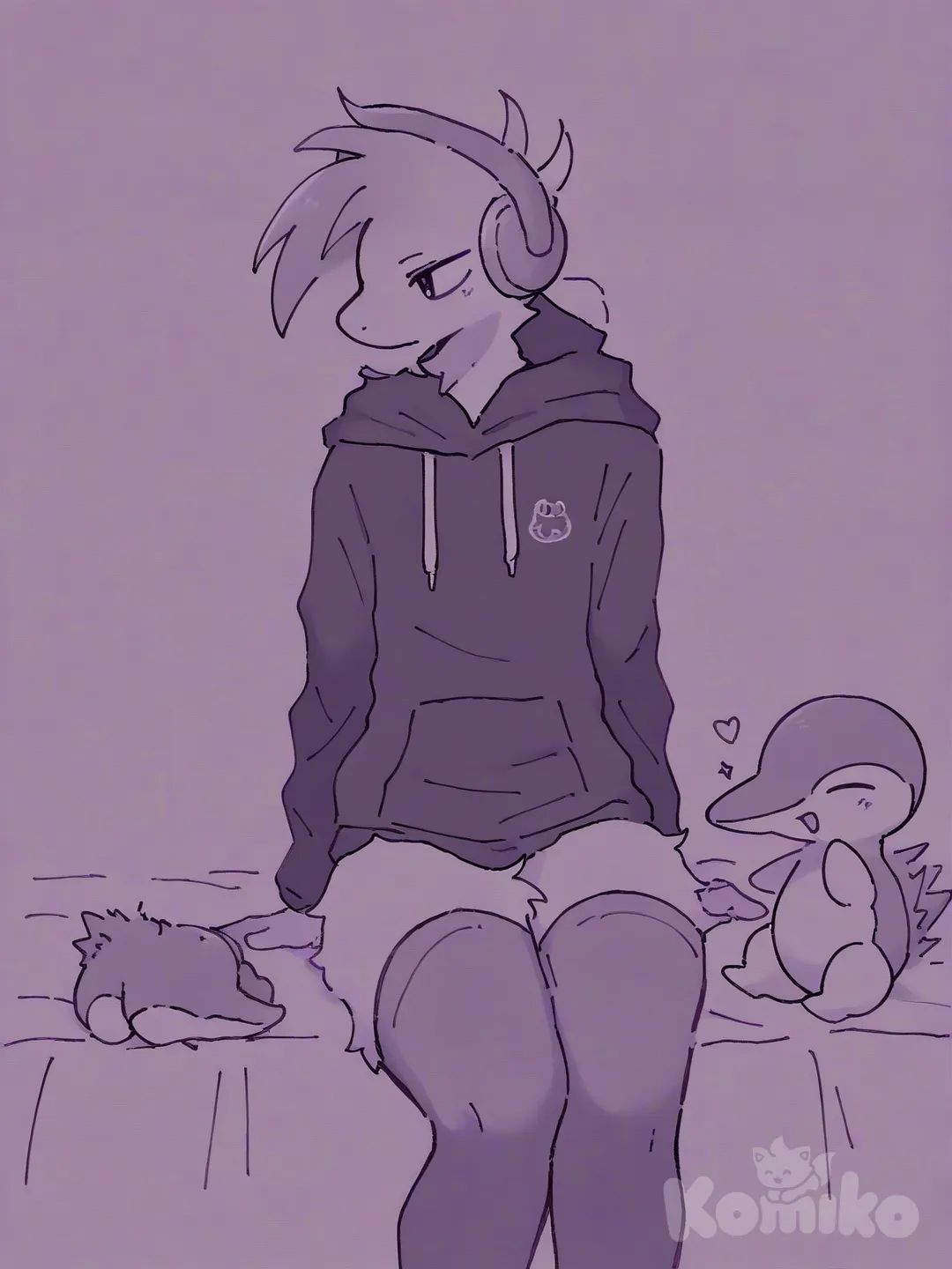 furry male, sitting, on bed, 1boy, _(Full), [pokemon-style], Cyndaquil, hoodie, ruffles, headphones, knee-high socks
