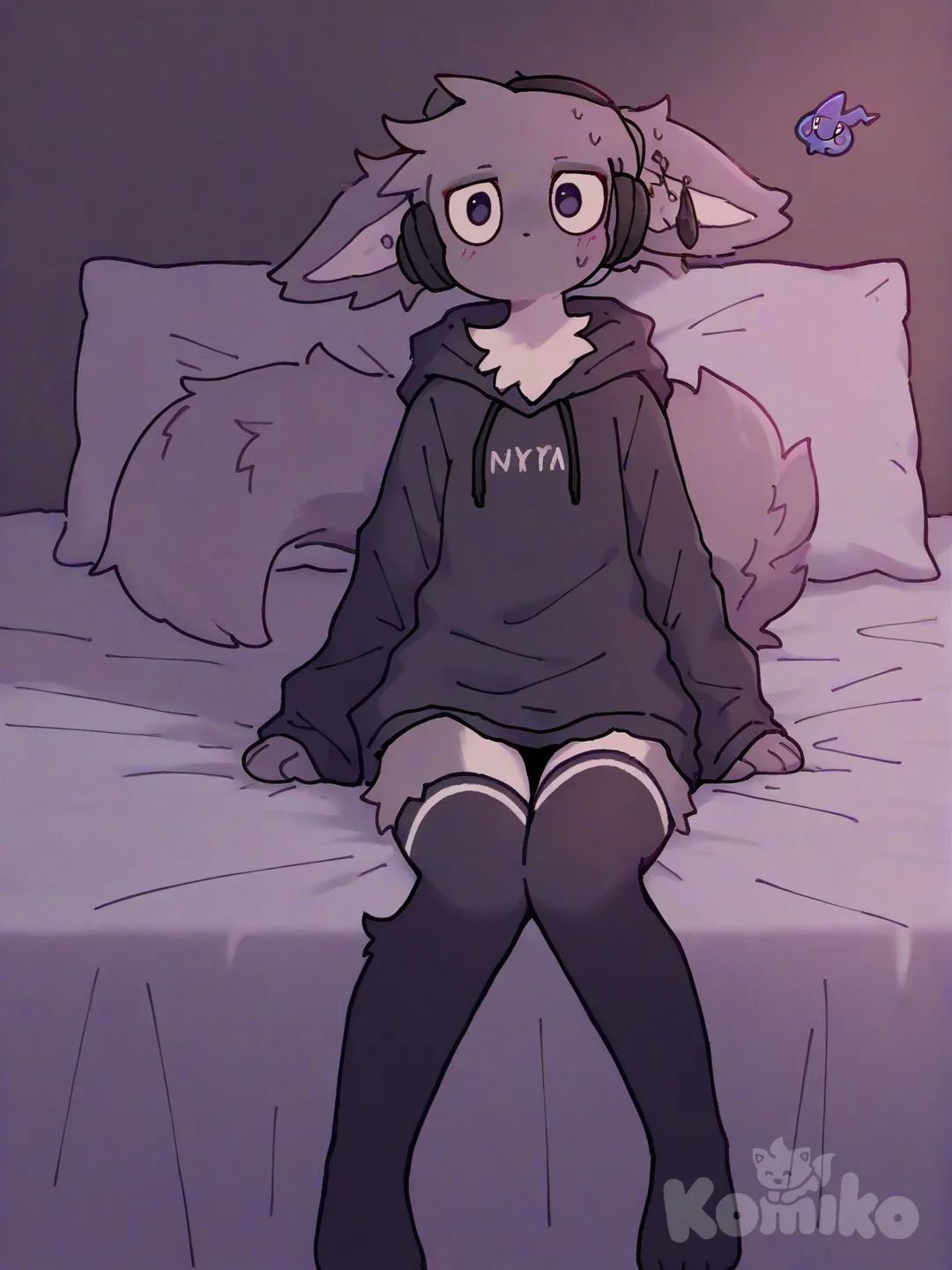 furry male, sitting, on bed, 1boy, _(Full), [pokemon-style], hoodie, ruffles, headphones, knee-high socks, Rotom