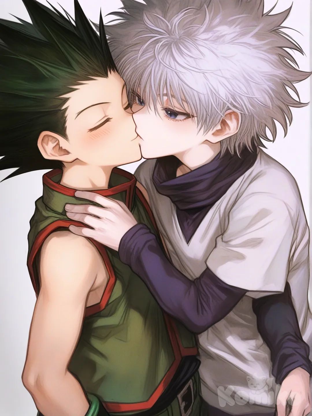 Killua Zoldyck, Gon Freecss, [semi-realistic-portrait-style], kissing, full body
