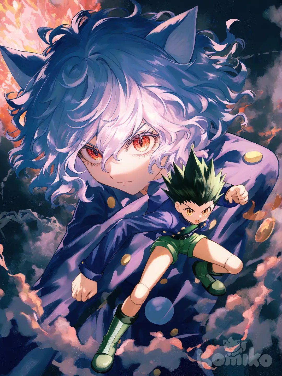 Neferpitou, Gon Freecss, [moody-glow-style], portrait, full body