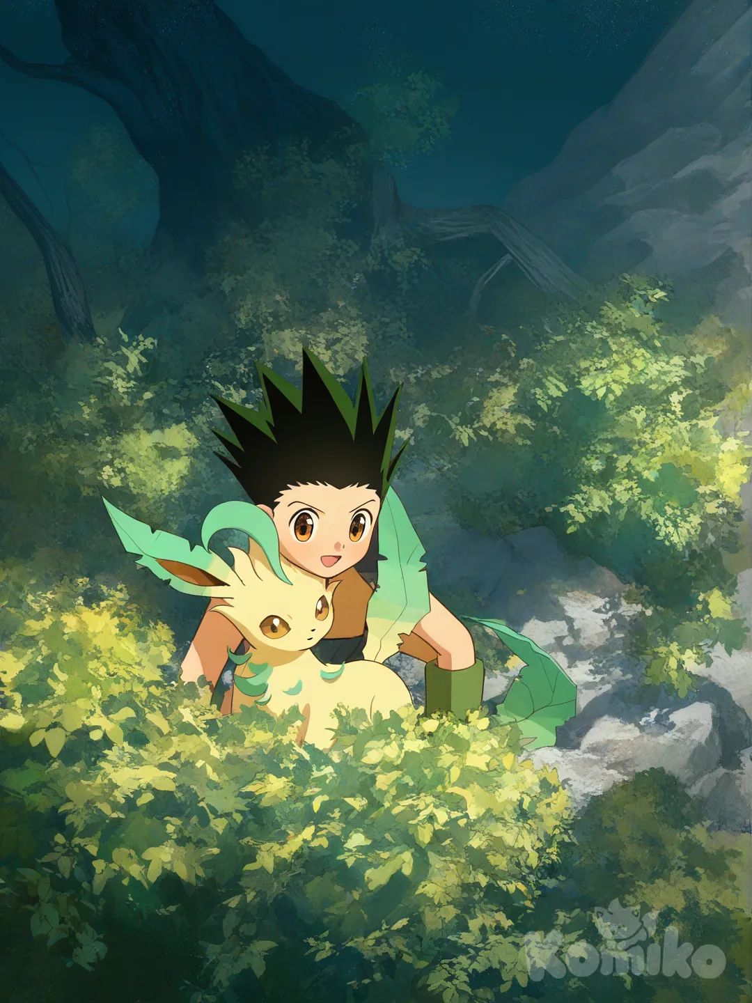 Leafeon, Gon Freecss, [moody-glow-style], portrait, full body
