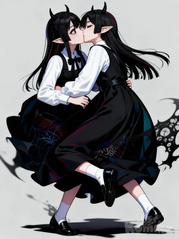 <tamaome-cnLG>, Killua Zoldyck, kissing, anime coloring, gothic, portrait, full body