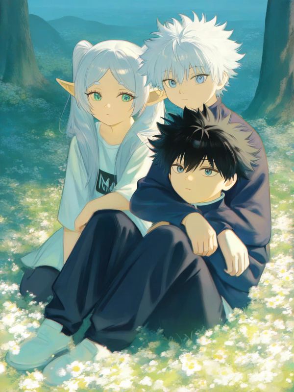 Frieren, Killua Zoldyck, [moody-glow-style], sitting on the ground, portrait, full body
