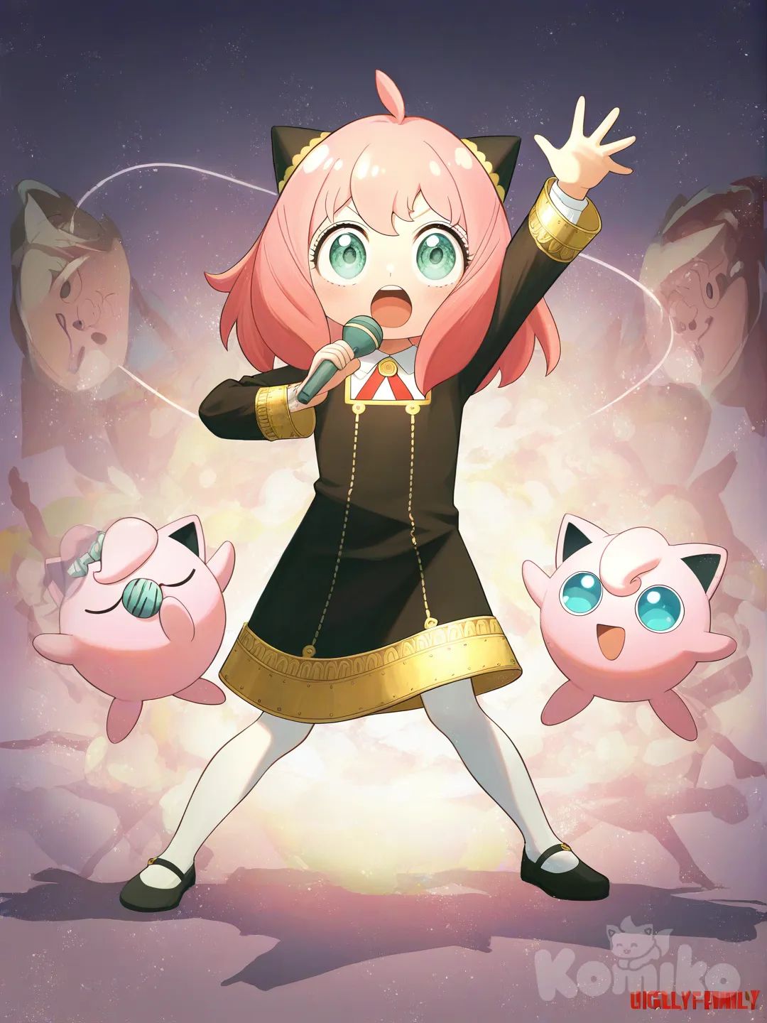 @Anya_(Spy_X_Family), @Jigglypuff, [moody-glow-style], singing, portrait, full body