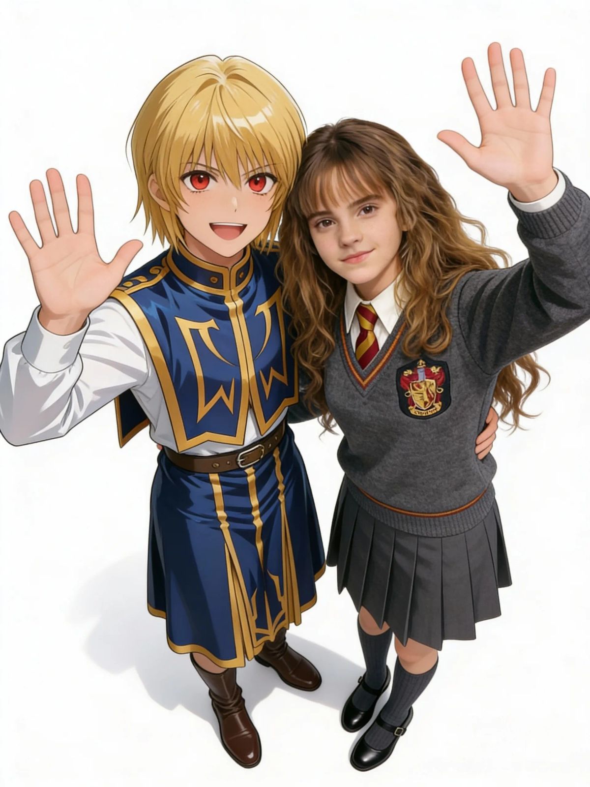 @Kurapika, @Hermione_Granger, waving, portrait, full body