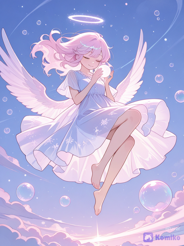 A cute, fluffy creature floats in mid-air with bubbles, in a dreamy, surreal atmosphere.